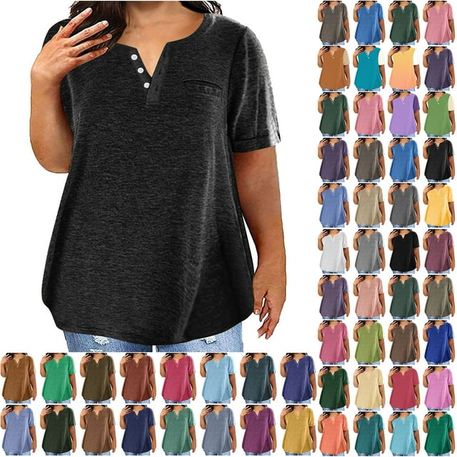ZQGJB Womens Summer T-Shirts Plus Size Casual Short Sleeve Button up V Neck Henley Shirts Loose Oversized Comfy Soft Cotton Tees Tops with Pockets C-Blue XXXL