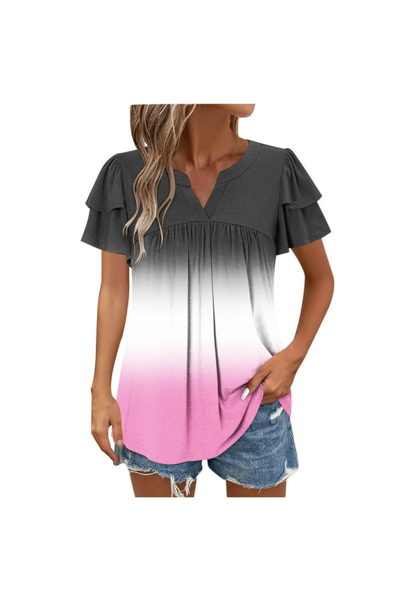Womens Summer Tunic Blouse Casual Tie Dye Color Block Print Double Layer Short Sleeve Ruched Pleated T-Shirts Loose Flowy Cozy Blouse Pink L
