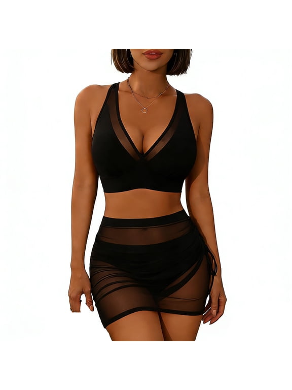 Womens Swim Skirt High Waisted Bikini Sets V Neck Push up Padded Beach Swimwear Tummy Control Swimsuits Mesh Striped Patchwork Sarong Wraps Bathing Suits(Black,S)