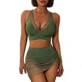 thumbnail image 1 of ZQGJB Womens Swim Skirt High Waisted Bikini Sets V Neck Push up Padded Beach Swimwear Tummy Control Swimsuits Mesh Striped Patchwork Sarong Wraps Bathing Suits(Army Green,L), 1 of 4
