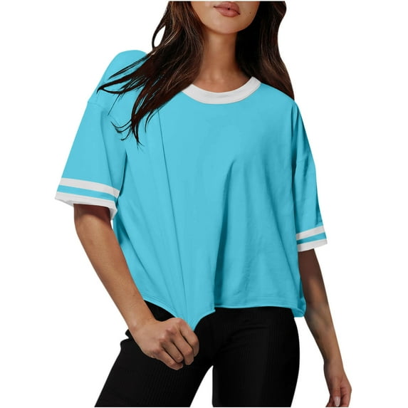 ZQGJB Womens T Shirts Loose Fit Drop Shoulder Short Sleeve Tees Crew Neck Striped Color Block Summer Tops 2025 Fashion Light Blue M