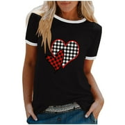 ZQGJB Womens T Shirts Oversized Valentines Short Sleeve Tops Cute Buffalo Plaid Heart Graphic Tee Shirts Loose Fit Tunic Blouse(Black,L)