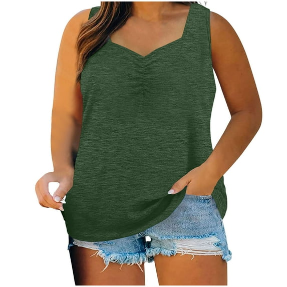 ZQGJB Womens Tank Tops Plus Size Casual Solid Color Summer Sleeveless Ruched Pleated Oversized Tunic Blouse Loose Flowy Comfy Baggy T-Shirts Army Green XXXL