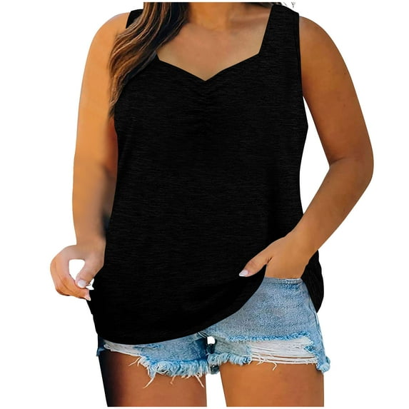 ZQGJB Womens Tank Tops Plus Size Casual Solid Color Summer Sleeveless Ruched Pleated Oversized Tunic Blouse Loose Flowy Comfy Baggy T-Shirts Black XXXL