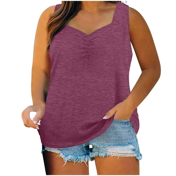 ZQGJB Womens Tank Tops Plus Size Casual Solid Color Summer Sleeveless Ruched Pleated Oversized Tunic Blouse Loose Flowy Comfy Baggy T-Shirts Wine XL