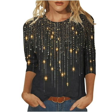ZQGJB Womens Tops and Blouse Casual Three Quarter Sleeves 3/4 Sleeve Sparkly Print T-Shirt Top Loose Fit Oversized Crewneck Graphic Tunic Tees Shirt Multicolor#08 XL