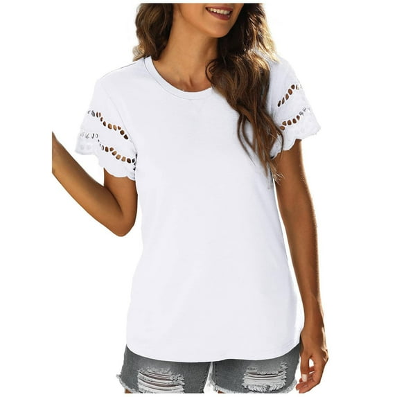 ZQGJB Womens Tops and Blouses Casual Lace Crochet Trim Short Sleeve T Shirts Top Solid Color T-Shirt Loose Regular Fit Comfy Tunic Blouse White S