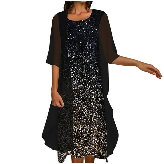 ZQGJB Womens Two-Piece Set Sparkly Midi Dress with Long Sleeve Cardigan Loose Elegant Chiffon Sleeveless Plus Size Wedding Guest Dresses Suit Black XXL