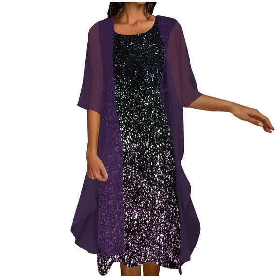 ZQGJB Womens Two-Piece Set Sparkly Midi Dress with Long Sleeve Cardigan Loose Elegant Chiffon Sleeveless Plus Size Wedding Guest Dresses Suit Purple XXXXL