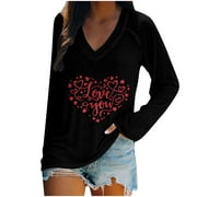 ZQGJB Womens Valentine Tee Shirts Sexy V Neck Long Sleeve Tops Plus Sized Oversized Blouses Cute Love Heart Print Graphic Tees(Black,S)