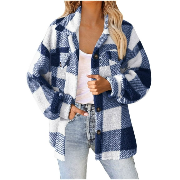 ZQGJB Womens Winter Plaid Coats Casual Fuzzy Fleece Hoodies Button up Fall Sherpa Jackets Plush Thick Warm Cardigans Trendy Cozy Outerwear with Pockets Blue L