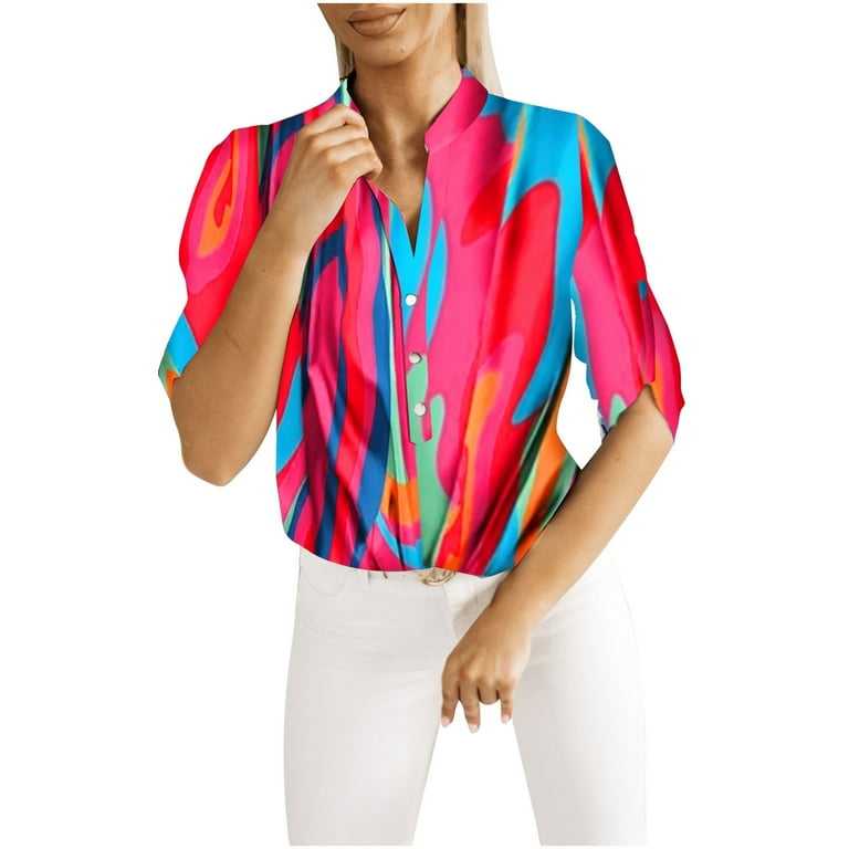ZQGJB Work Shirts for Women Trendy Tie Dye Gradient Color Print Long Sleeve Casual Button V Neck Graphic Tee Shirts Loose Fit Female Elegant Tshirt