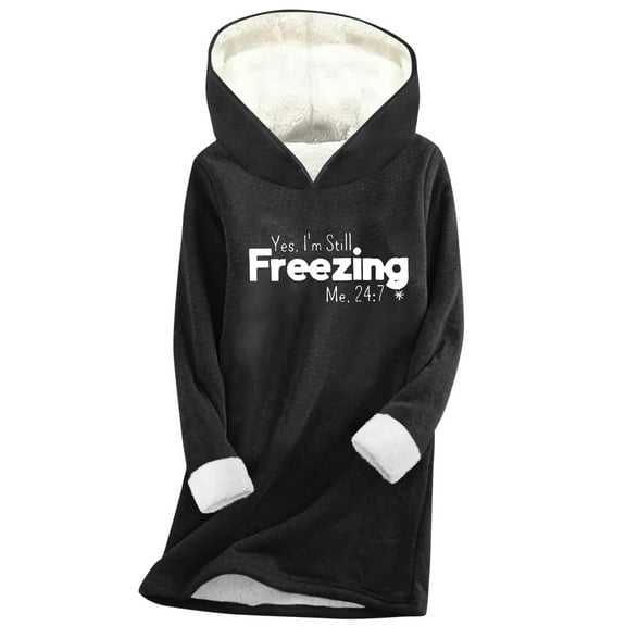 ZQGJB Yes, I'm Still Freezing. Me 24:7 Funny Printed Fleece Hoodie Tops for Women Loose Fit Casual Fall Winter Long Sleeve Sherpa Thick Warm Hooded Loungewear Pullover Sweatshirts Black S