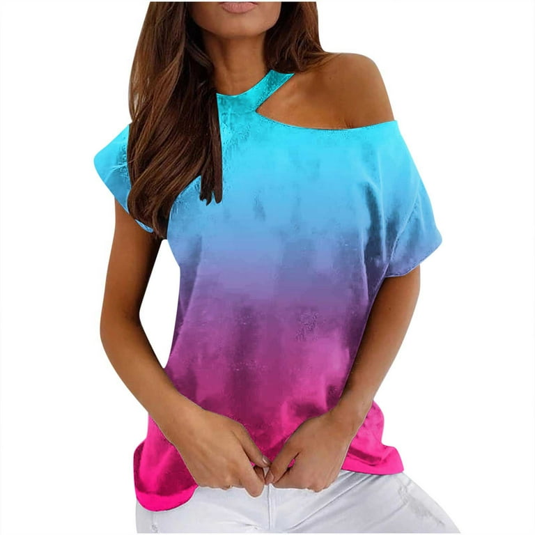 ZQGKB Womens Cold Shoulder Tops Trendy Summer Short Sleeve Tie Dye Gradient  Printed Round Neck Pullover Tees Lightweight Comfy Tunic Blouse Blue L