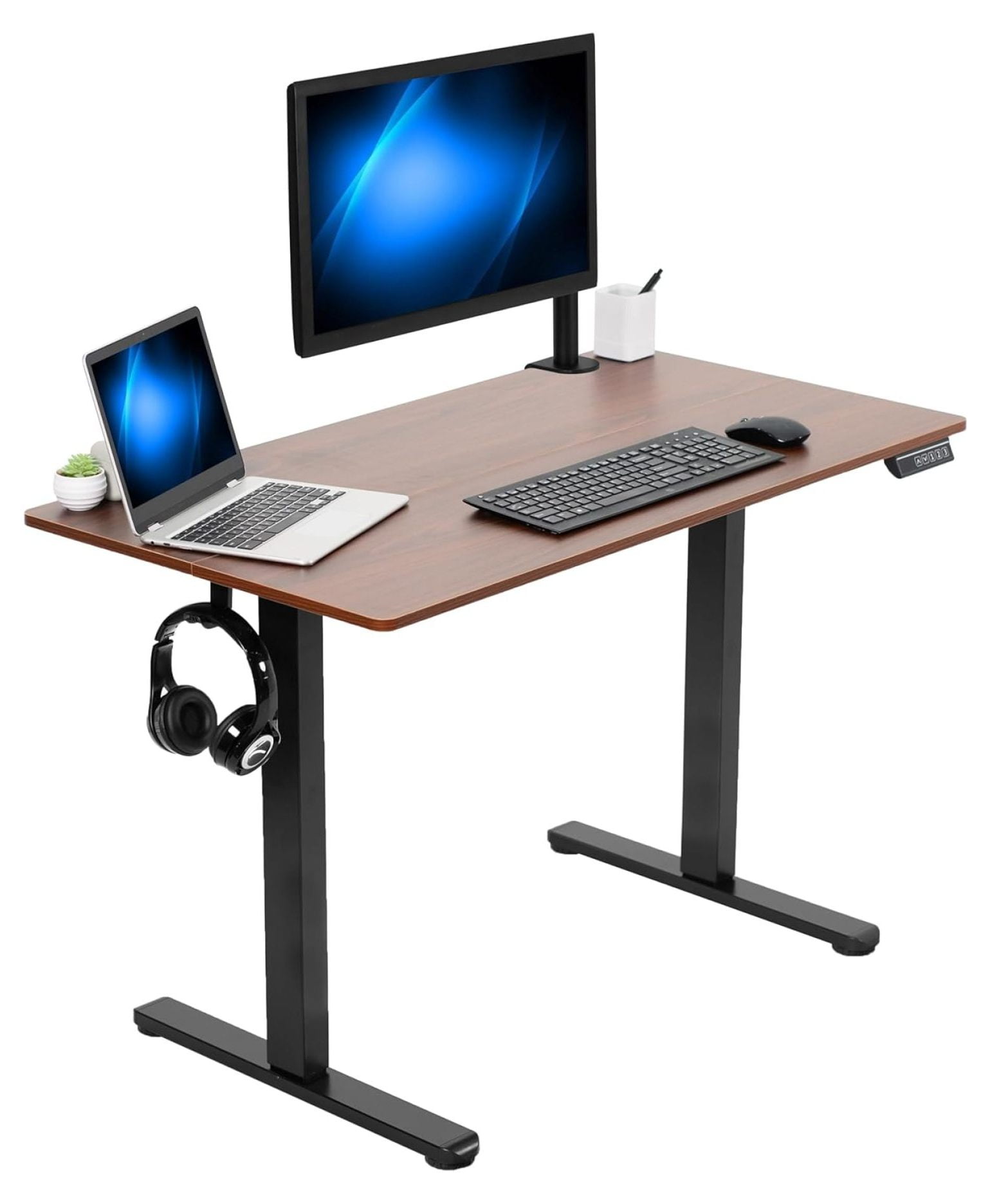 Electric Adjustable Height Black Frame Standing Desk, Dark Walnut Top
