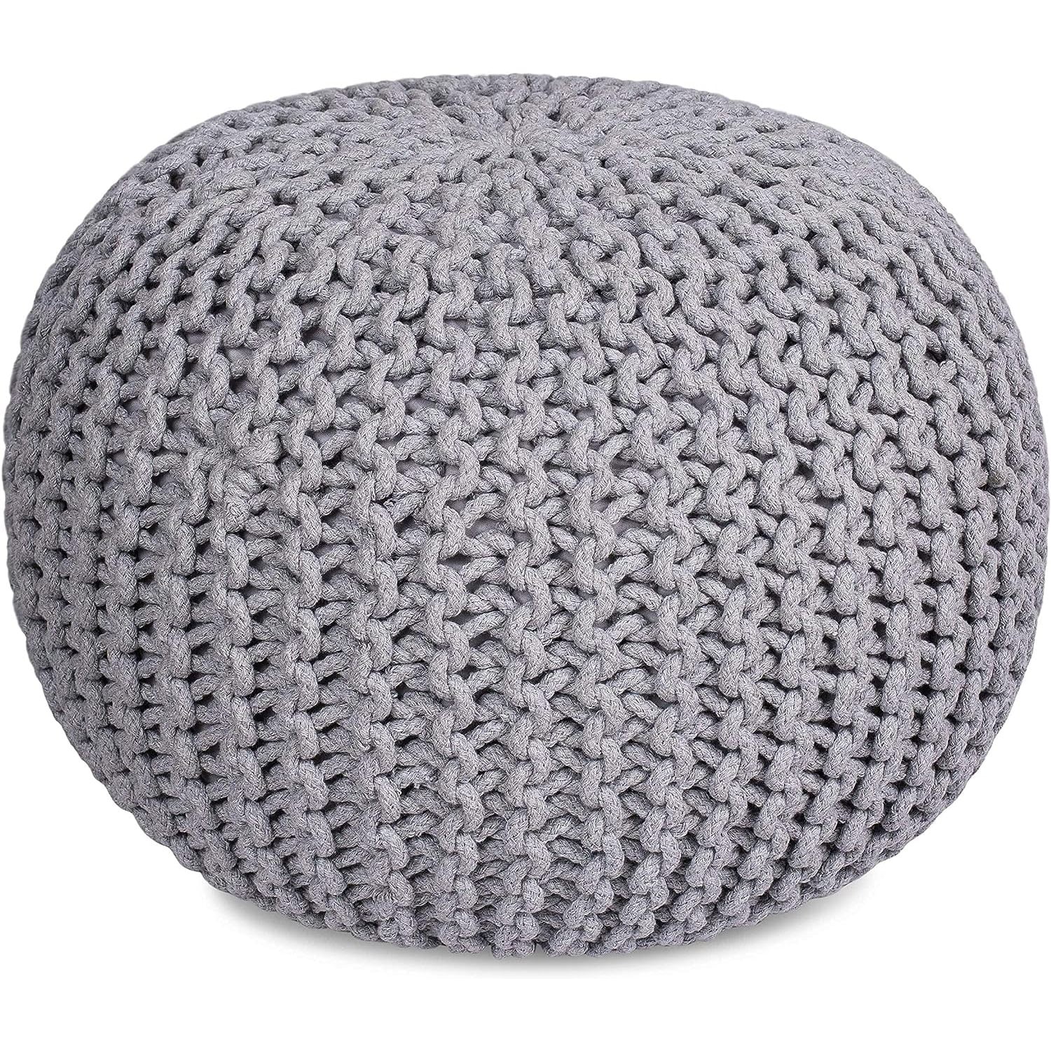 Moroccan Inspired Light Grey Knitted Round Pouf Ottoman