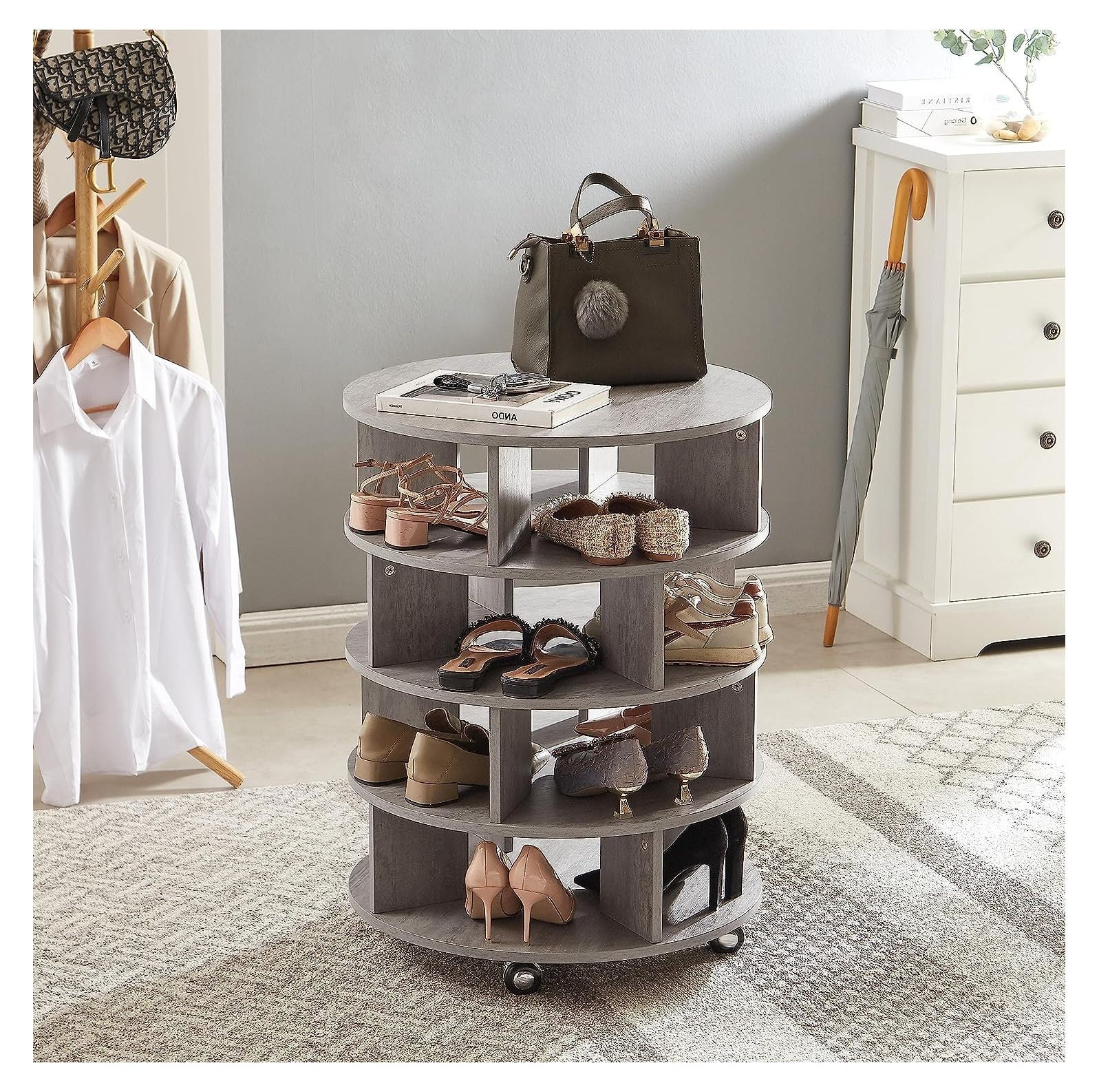 ZQRPCA Wooden Rotating Tower Shoe Rack 360 Spinning Wood Round Shoe