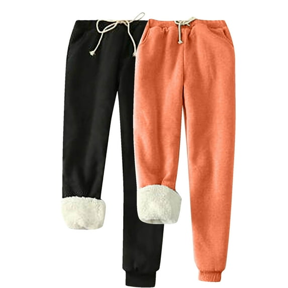 ZQUUVOU 2 Pack Women's Sherpa Lined Joggers Thermal Warm Athletic Sweatpants Elastic Waisted Fleece Pants Orange B