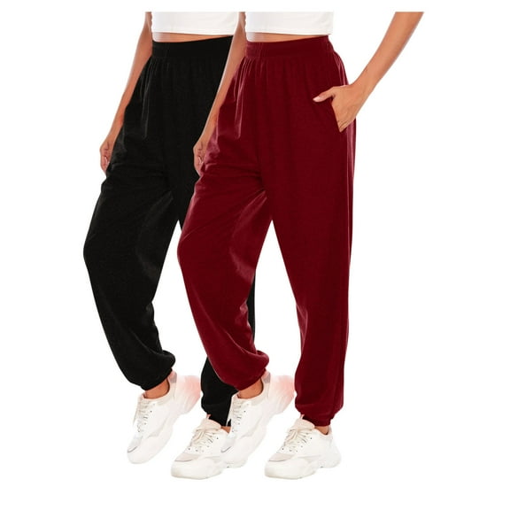 ZQUUVOU 2 Pack Women's Yoga Jogger Pants Exercise Casual Fashion Solid Color Elastic Waisted Sweatpants with Pocket Burgundy A