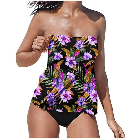 ZQUUVOU 2 Piece Bandeau Tankini Swimsuits for Women Strapless Bandeau Top with Bikini Bottom Tummy Control Bathing Suits Multicolor
