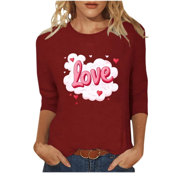 ZQUUVOU 3/4 Sleeve Tops for Women Valentines Heart Print Round Neck Pullover Blouse Casual Cute Tops T-Shirts Burgundy E