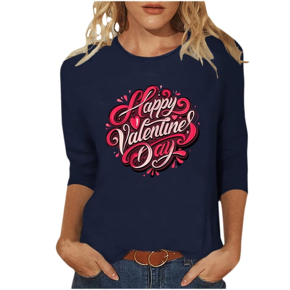 ZQUUVOU 3/4 Sleeve Tops for Women Valentines Heart Print Round Neck Pullover Blouse Casual Cute Tops T-Shirts Navy B