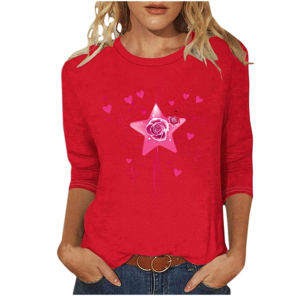 ZQUUVOU 3/4 Sleeve Tops for Women Valentines Heart Print Round Neck Pullover Blouse Casual Cute Tops T-Shirts Red C