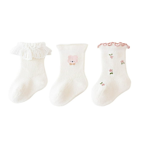 ZQUUVOU 3 Pairs Children's Solid Color Socks Ruffle Lace Solid Color Calf Socks Baby Newborn Winter Cozy Socks White