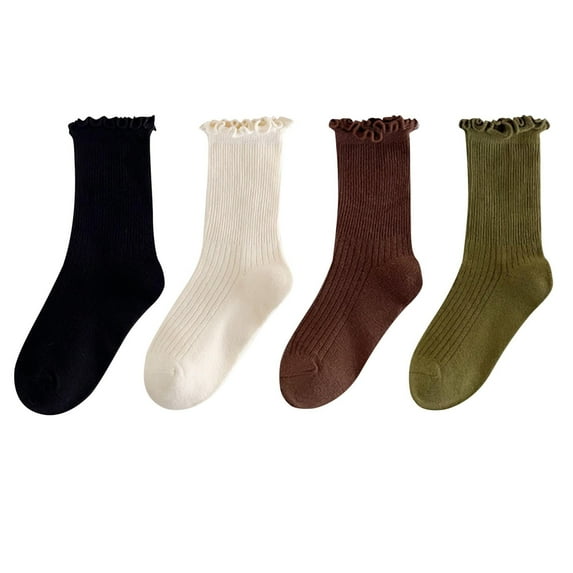 ZQUUVOU 4 Pairs Ruffle Socks for Girls KidsSolid Color Crew Socks Turn-Cuff Cotton Socks Cute Princess Socks Coffee