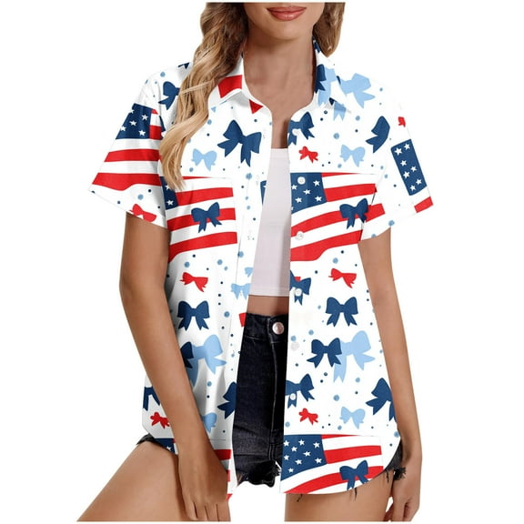ZQUUVOU 4Th Of July Shirts For Women Turndown Collar Cardigan Short Sleeved Printed Buttons Tops(White,M)