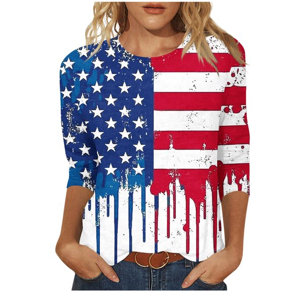 ZQUUVOU 4Th Of July Shirts For Women V Neck Button 3/4 Sleeve Tops(Blue,2XL)