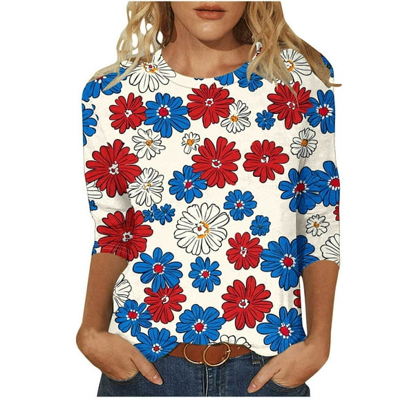 ZQUUVOU 4Th Of July Shirts Women 3/4 Length Sleeve Tunic Tops Patriotic American Flag Shirt 2025 Independence Day F-Blue (2XL)