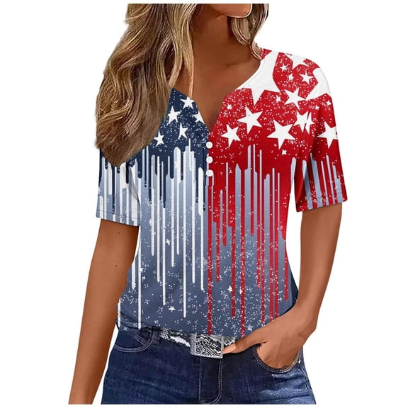 ZQUUVOU 4Th Of July Shirts Women Button Short Sleeve Henley V Neck Patriotic Tops American Flag Tops Blue (2XL)