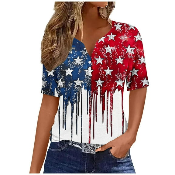 ZQUUVOU 4Th Of July Shirts Women Button Short Sleeve Henley V Neck Patriotic Tops American Flag Tops White (3XL)