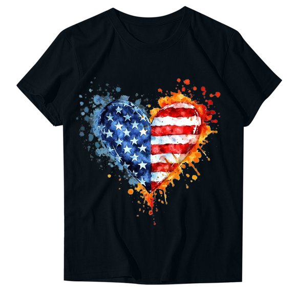 ZQUUVOU 4Th Of July Shirts Women Printed Round Neck Short Sleeved Crew Neck Shirt(Black,S)