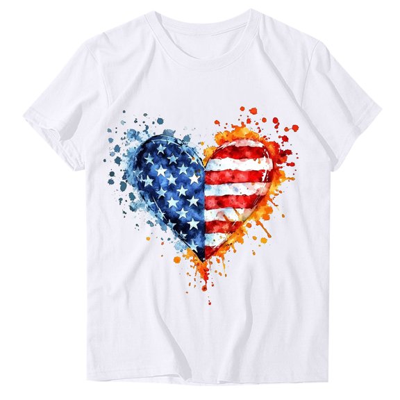 ZQUUVOU 4Th Of July Shirts Women Printed Round Neck Short Sleeved Crew Neck Shirt(White,M)