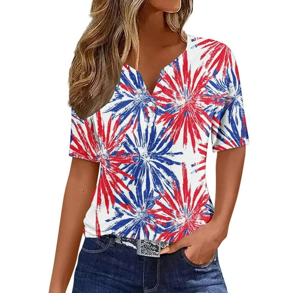 ZQUUVOU 4Th Of July Shirts Women's T-Shirt Button Henley V Neck Short Sleeve Patriotic Print Tops Red (3XL)
