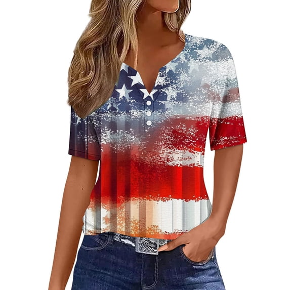 ZQUUVOU 4Th Of July Shirts Women's T-Shirt Button Henley V Neck Short Sleeve Patriotic Stars And Stripes Tops Red (3XL)