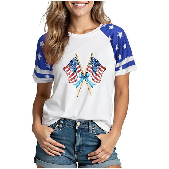 ZQUUVOU 4Th Of July Tops For Women T-Shirts Printed Short Sleeved Round Neck Summer Shirt(Blue,XL)