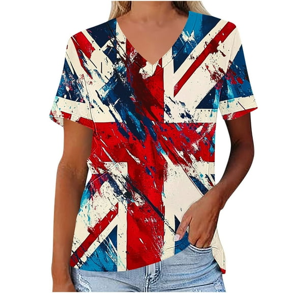 ZQUUVOU 4Th Of July V Neck Patriotic T-Shirts Women American Flag Print Short Sleeve Tops F-Blue (2XL)