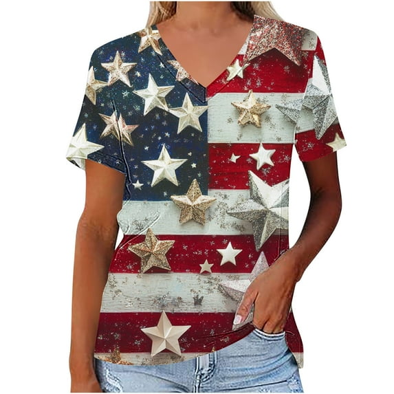 ZQUUVOU 4Th Of July V Neck Patriotic T-Shirts Women American Flag Print Short Sleeve Tops G-White (S)