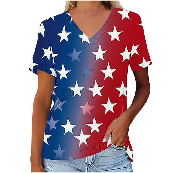ZQUUVOU 4Th Of July V Neck Patriotic T-Shirts Women American Flag Print Short Sleeve Tops I-Red (S)