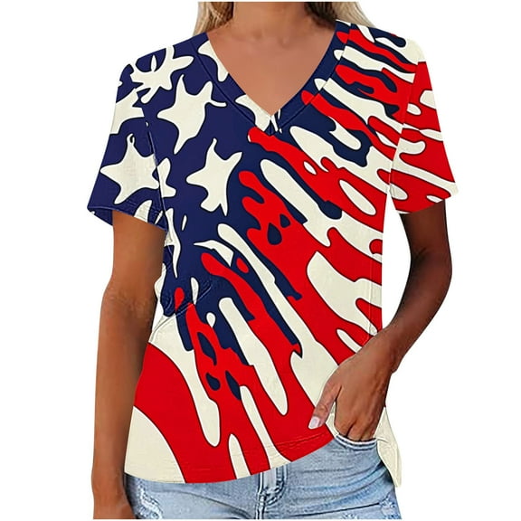 ZQUUVOU 4Th Of July V Neck Patriotic T-Shirts Women American Flag Print Short Sleeve Tops J-Red (M)