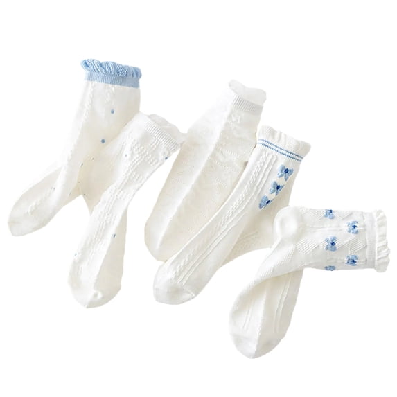 ZQUUVOU 5 Pairs Girls' Ruffle Socks Summer Thin Bow Print Cute Crew Socks Cotton Breathable Mesh Casual Socks Light Blue
