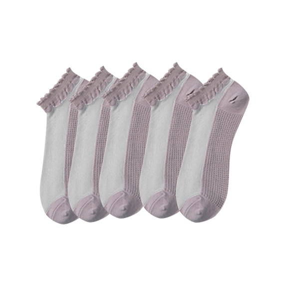 ZQUUVOU 5 Pairs Sheer No Show Socks for Women Girls Breathable Transparent Scallop Ruffle Mesh Cotton Low Cut Summer Socks Purple