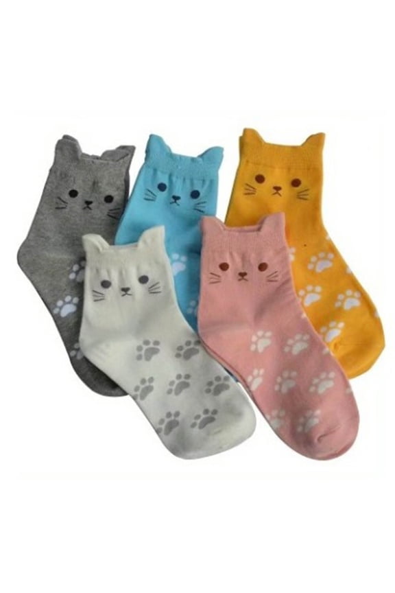 5 Pairs Women's Girls Crew Socks Cute Kitten Print Thick Warm Cotton Plus Size Soft Cotton Novelty Ankle Socks Multicolor