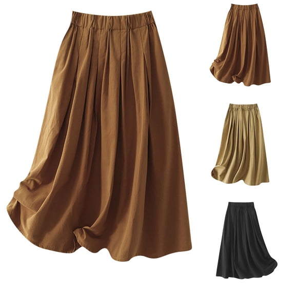 ZQUUVOU A Line Cotton Skirt for Women Summer Solid Color Loose Flowy Casual Breathable Midi Skirt with Pocket Coffee