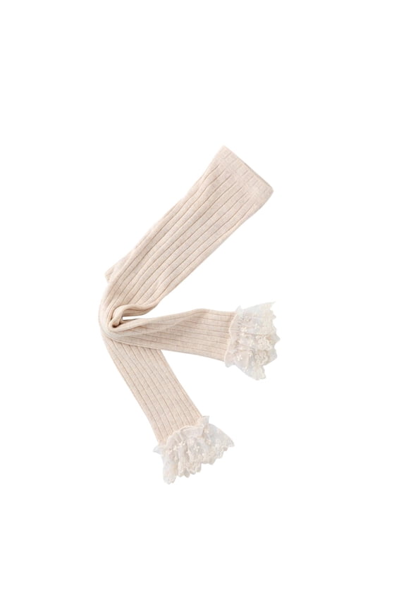 Baby Toddler Girls Pantyhose Ribbed Knit Ankle Leggings Lace Ruffle Footless Tight Cotton Winter Pantyhose Stockings Khaki A