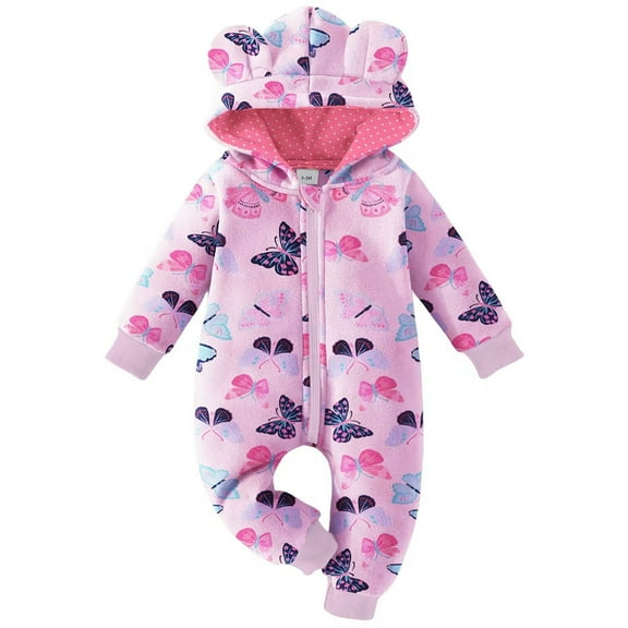 ZQUUVOU Baby Winter Snowsuits Butterfly Printed Thicken Warm Jumpsuit Hooded Zipper Long Sleeves Newborns Rompers Outfits Hot Pink