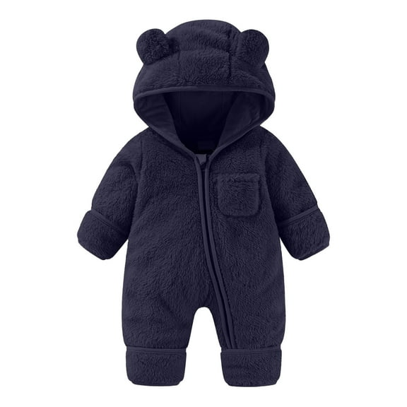 ZQUUVOU Baby Winter Snowsuits Polar Fleece Footie Jumpsuits with Pocket Zip Up Warm Hooded Romper Jumpsuit Outfits for Girls Boys Navy
